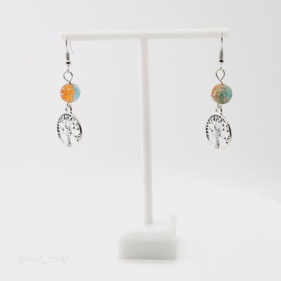 Tree of Life Blue Orange Fire Agate Tibetan Silver Toned Earrings - Picture 3 of 4